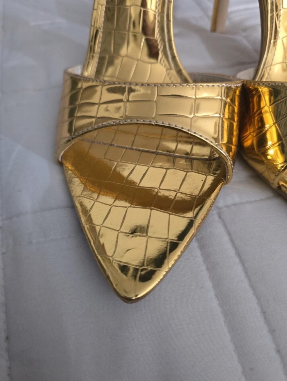 Metallic Gold Croc-Embossed Pointed Toe Mule Heels - Picture 2 of 4